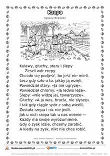 Rzepa (Ignacy Krasicki) — tekst wiersza i ilustracja do kolorowania, karta A4 do druku