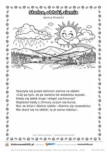 Słońce, obłoki, ziemia (Ignacy Krasicki) — tekst wiersza i ilustracja do kolorowania, karta A4 do druku