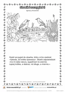 Słowik i szczygieł II (Ignacy Krasicki) — tekst wiersza i ilustracja do kolorowania, karta A4 do druku
