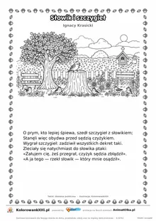 Słowik i szczygieł (Ignacy Krasicki) — tekst wiersza i ilustracja do kolorowania, karta A4 do druku