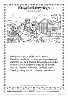 Stary pies i stary sługa (Ignacy Krasicki) — tekst wiersza i ilustracja do kolorowania, karta A4 do druku