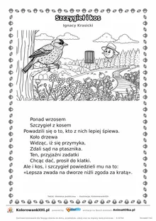 Szczygieł i kos (Ignacy Krasicki) — tekst wiersza i ilustracja do kolorowania, karta A4 do druku