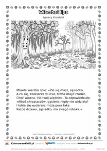 Wierzba i lipa (Ignacy Krasicki) — tekst wiersza i ilustracja do kolorowania, karta A4 do druku