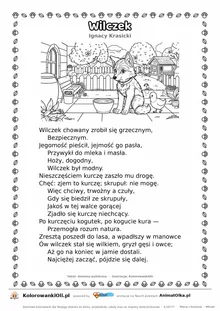 Wilczek (Ignacy Krasicki) — tekst wiersza i ilustracja do kolorowania, karta A4 do druku