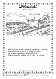 Wół i mrówki (Ignacy Krasicki) — tekst wiersza i ilustracja do kolorowania, karta A4 do druku