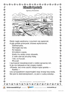 Ziemia i potok (Ignacy Krasicki) — tekst wiersza i ilustracja do kolorowania, karta A4 do druku