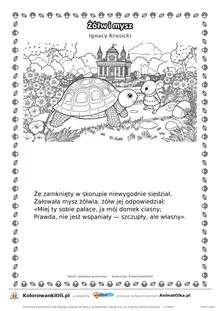 Żółw i mysz (Ignacy Krasicki) — tekst wiersza i ilustracja do kolorowania, karta A4 do druku