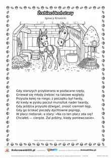 Źrebiec i koń stary (Ignacy Krasicki) — tekst wiersza i ilustracja do kolorowania, karta A4 do druku