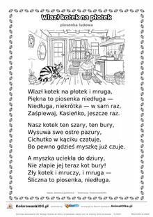 Wlazł kotek na płotek (piosenka ludowa) — tekst wiersza i ilustracja do kolorowania, karta A4 do druku