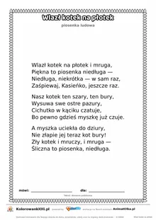 Wlazł kotek na płotek (piosenka ludowa) — tekst wiersza do druku A4 z ramką do pokolorowania