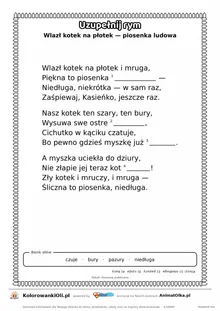 Uzupełnij rym — Wlazł kotek na płotek (piosenka ludowa): karta pracy z lukami w rymach, A4