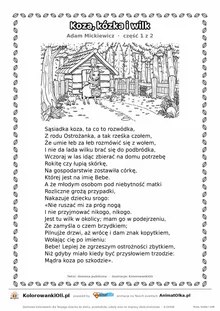 Koza, kózka i wilk (Adam Mickiewicz) — tekst wiersza i ilustracja do kolorowania (część 1 z 2), karta A4 do druku