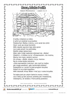 Koza, kózka i wilk (Adam Mickiewicz) — tekst wiersza i ilustracja do kolorowania (część 2 z 2), karta A4 do druku