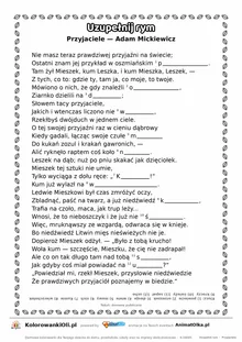 Uzupełnij rym — Przyjaciele (Adam Mickiewicz): karta pracy z lukami w rymach, A4