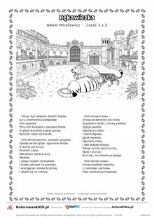 Rękawiczka (Adam Mickiewicz) — tekst wiersza i ilustracja do kolorowania (część 1 z 2), karta A4 do druku