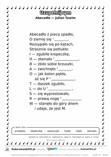 Uzupełnij rym — Abecadło (Julian Tuwim): karta pracy z lukami w rymach, A4