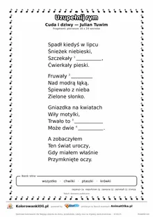 Uzupełnij rym — Cuda i dziwy (Julian Tuwim): karta pracy z lukami w rymach, A4