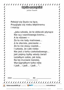 Dyzio marzyciel (Julian Tuwim) — tekst wiersza do druku A4 z ramką do pokolorowania