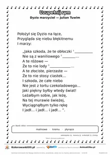 Uzupełnij rym — Dyzio marzyciel (Julian Tuwim): karta pracy z lukami w rymach, A4