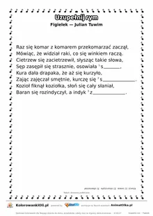 Uzupełnij rym — Figielek (Julian Tuwim): karta pracy z lukami w rymach, A4