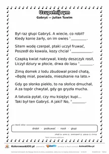 Uzupełnij rym — Gabryś (Julian Tuwim): karta pracy z lukami w rymach, A4