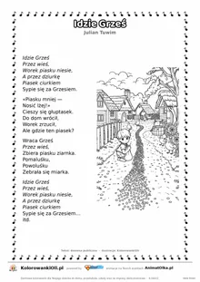 Idzie Grześ (Julian Tuwim) — tekst wiersza i ilustracja do kolorowania, karta A4 do druku