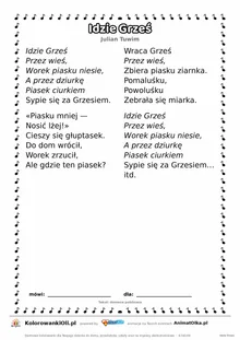 Idzie Grześ (Julian Tuwim) — tekst wiersza do druku A4 z ramką do pokolorowania