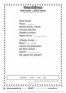 Uzupełnij rym — Idzie Grześ (Julian Tuwim): karta pracy z lukami w rymach, A4