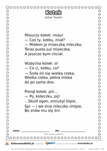 Kotek (Julian Tuwim) — tekst wiersza dla dzieci do druku na A4 z ramką do pokolorowania