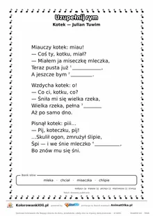 Uzupełnij rym — Kotek (Julian Tuwim): karta pracy z lukami w rymach, A4