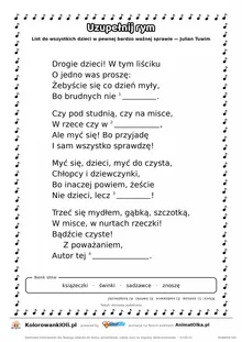 Uzupełnij rym — List do wszystkich dzieci (Julian Tuwim): karta pracy z lukami w rymach, A4
