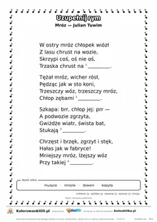 Uzupełnij rym — Mróz (Julian Tuwim): karta pracy z lukami w rymach, A4