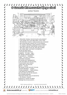 O Grzesiu kłamczuchu i jego cioci (Julian Tuwim) — tekst wiersza i ilustracja do kolorowania, karta A4 do druku