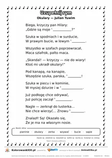 Uzupełnij rym — Okulary (Julian Tuwim): karta pracy z lukami w rymach, A4