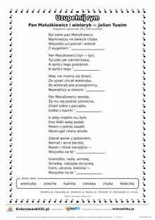 Uzupełnij rym — Pan Maluśkiewicz i wieloryb (Julian Tuwim): karta pracy z lukami w rymach, A4
