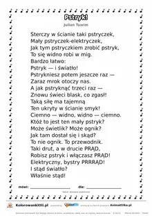 Pstryk! (Julian Tuwim) — tekst wiersza do druku A4 z ramką do pokolorowania