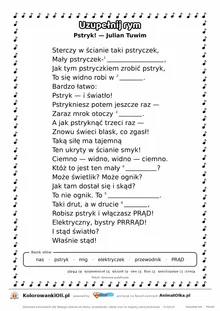 Uzupełnij rym — Pstryk! (Julian Tuwim): karta pracy z lukami w rymach, A4
