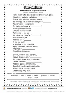 Uzupełnij rym — Ptasie radio (Julian Tuwim): karta pracy z lukami w rymach, A4