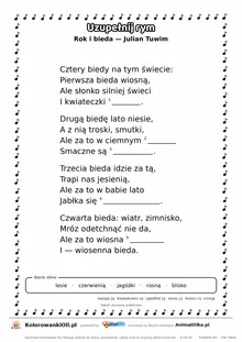 Uzupełnij rym — Rok i bieda (Julian Tuwim): karta pracy z lukami w rymach, A4
