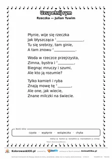 Uzupełnij rym — Rzeczka (Julian Tuwim): karta pracy z lukami w rymach, A4
