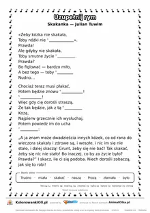 Uzupełnij rym — Skakanka (Julian Tuwim): karta pracy z lukami w rymach, A4