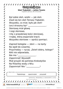 Uzupełnij rym — Słoń Trąbalski (Julian Tuwim): karta pracy z lukami w rymach, A4