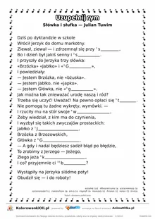 Uzupełnij rym — Słówka i słufka (Julian Tuwim): karta pracy z lukami w rymach, A4