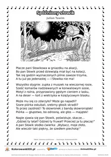 Spóźniony słowik (Julian Tuwim) — tekst wiersza i ilustracja do kolorowania, karta A4 do druku