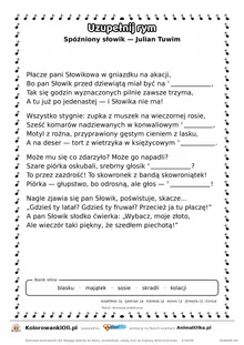 Uzupełnij rym — Spóźniony słowik (Julian Tuwim): karta pracy z lukami w rymach, A4