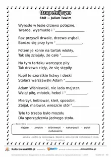 Uzupełnij rym — Stół (Julian Tuwim): karta pracy z lukami w rymach, A4