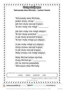 Uzupełnij rym — Tańcowały dwa Michały (Julian Tuwim): karta pracy z lukami w rymach, A4
