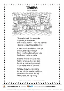 Taniec (Julian Tuwim) — tekst wiersza i ilustracja do kolorowania, karta A4 do druku