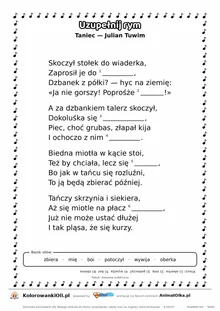 Uzupełnij rym — Taniec (Julian Tuwim): karta pracy z lukami w rymach, A4