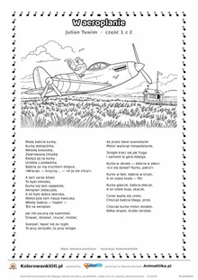 W aeroplanie (Julian Tuwim) — tekst wiersza i ilustracja do kolorowania (część 1 z 2), karta A4 do druku